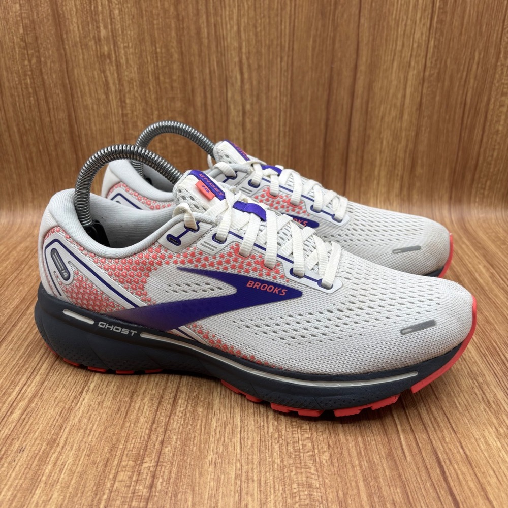 Brooks Ghost 14 Running Shoes Womens 8.5 White Purple Coral Sneakers 1203561B192